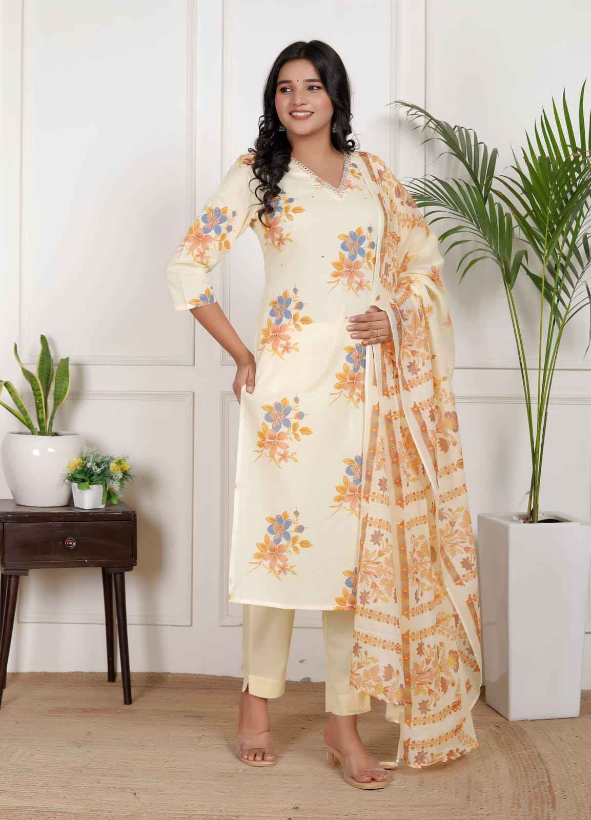 Pastel yellow  floral-print kurta set 